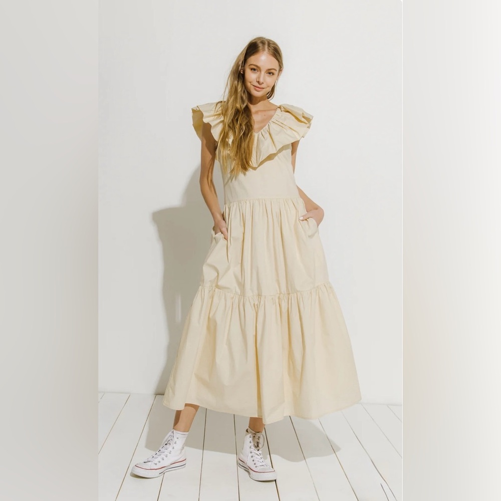 Revolve English Factory NWT Midi Dress Ruffle Neck Sleeveless Cottagecore. Beige